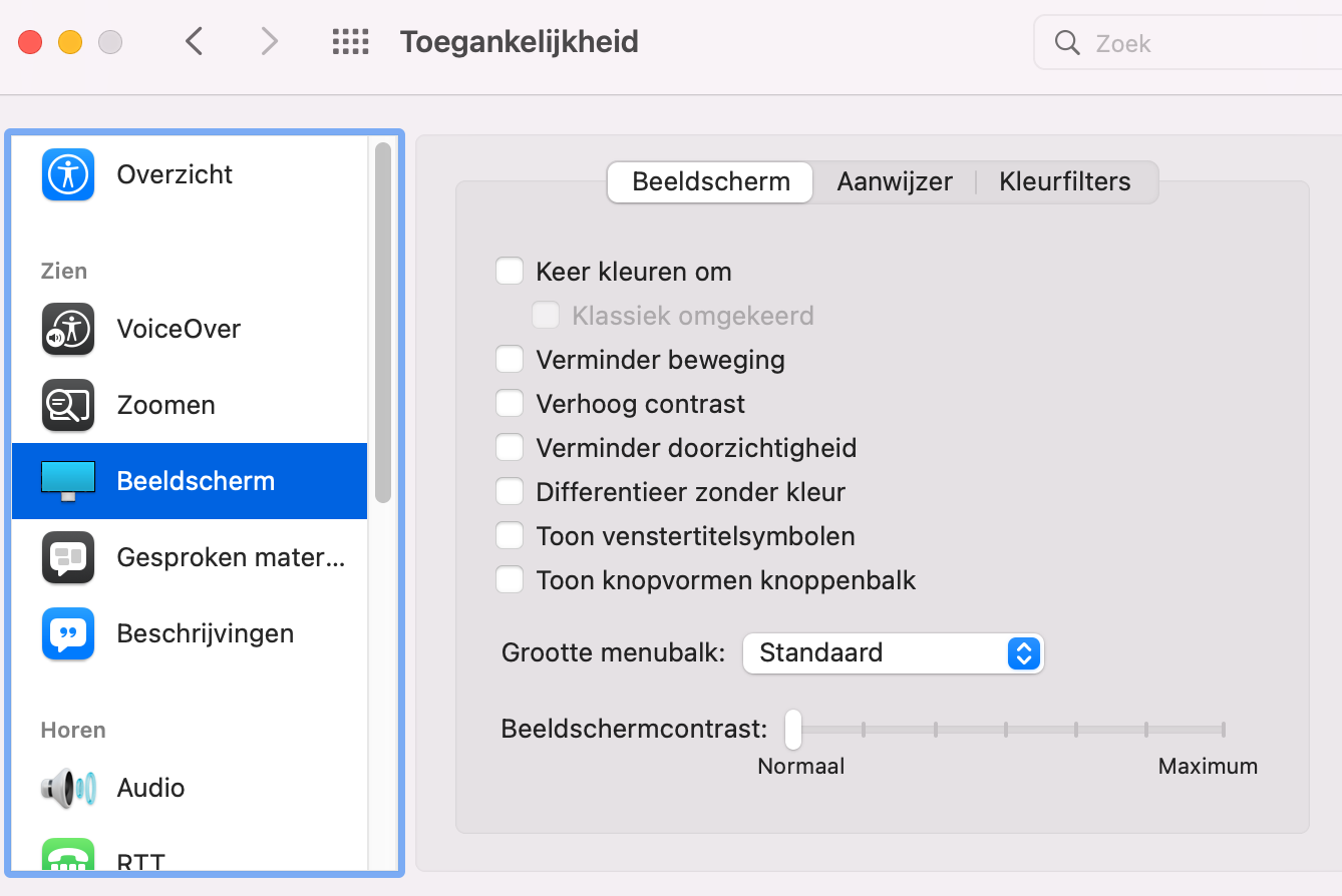 Instellingenscherm voor toegankelijkheidsopties van macOS